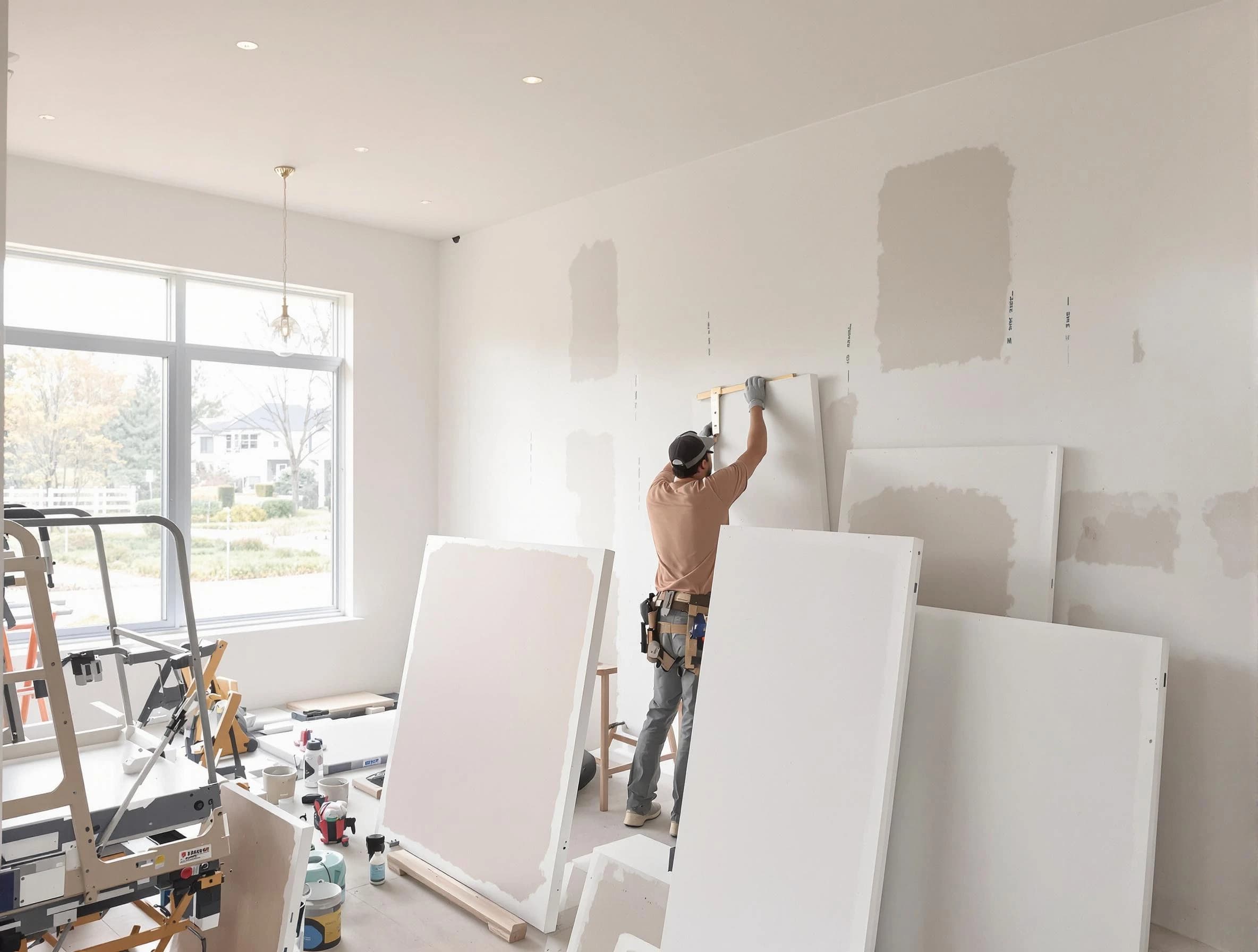 Cleveland Heights House Painters precisely hanging drywall sheets in Cleveland Heights, OH