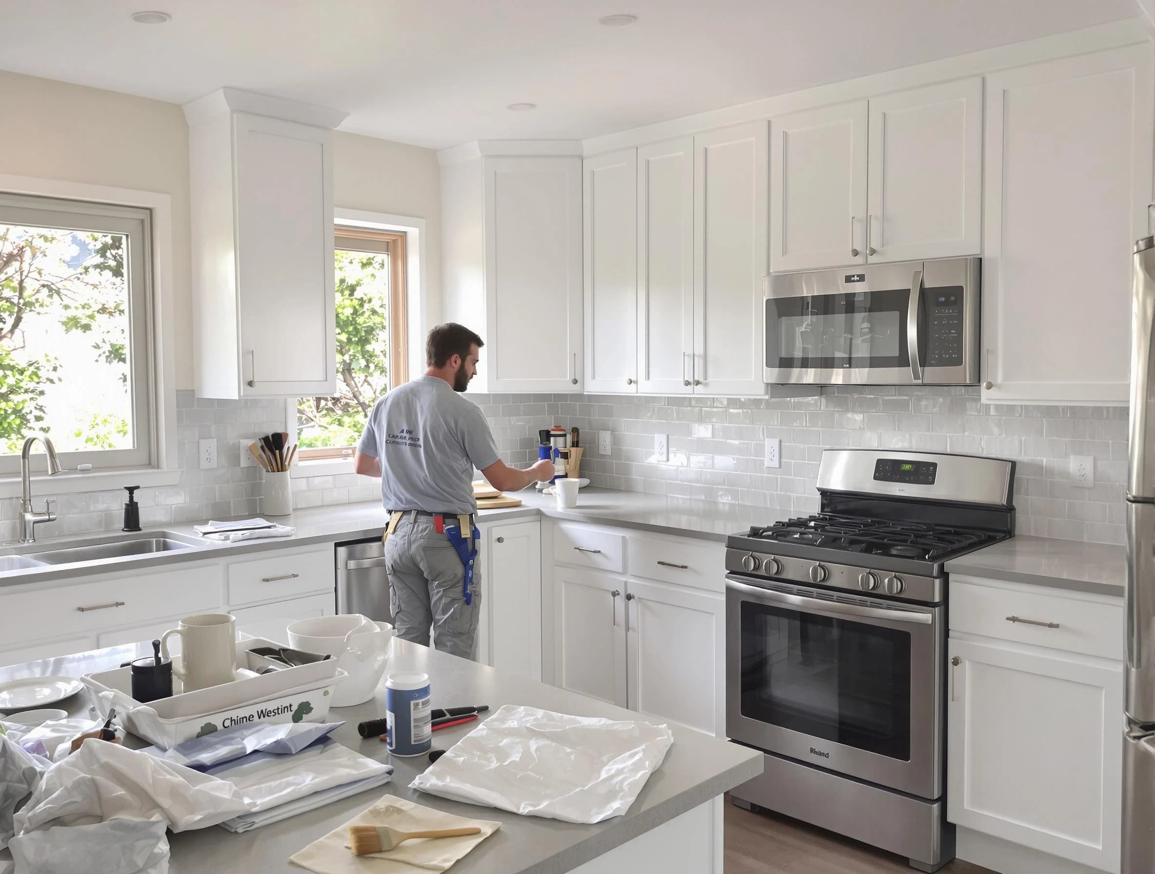 Cleveland Heights House Painters applying fresh paint on kitchen cabinets in Cleveland Heights