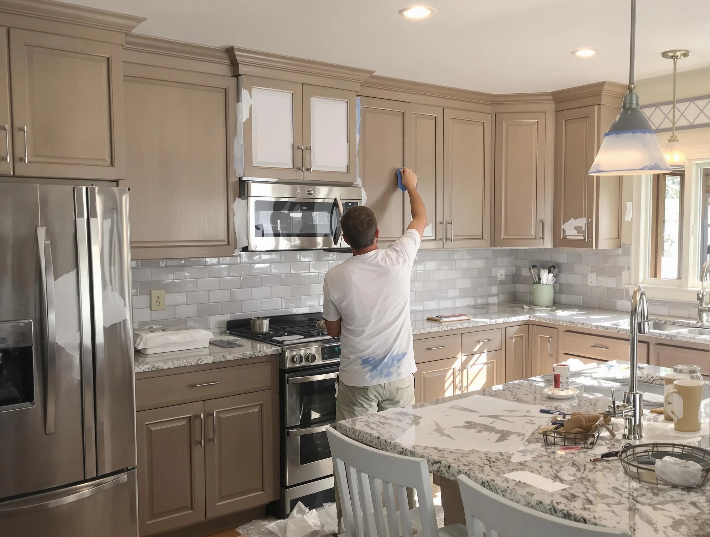 Before-and-after view of kitchen painting by Cleveland Heights House Painters in Cleveland Heights