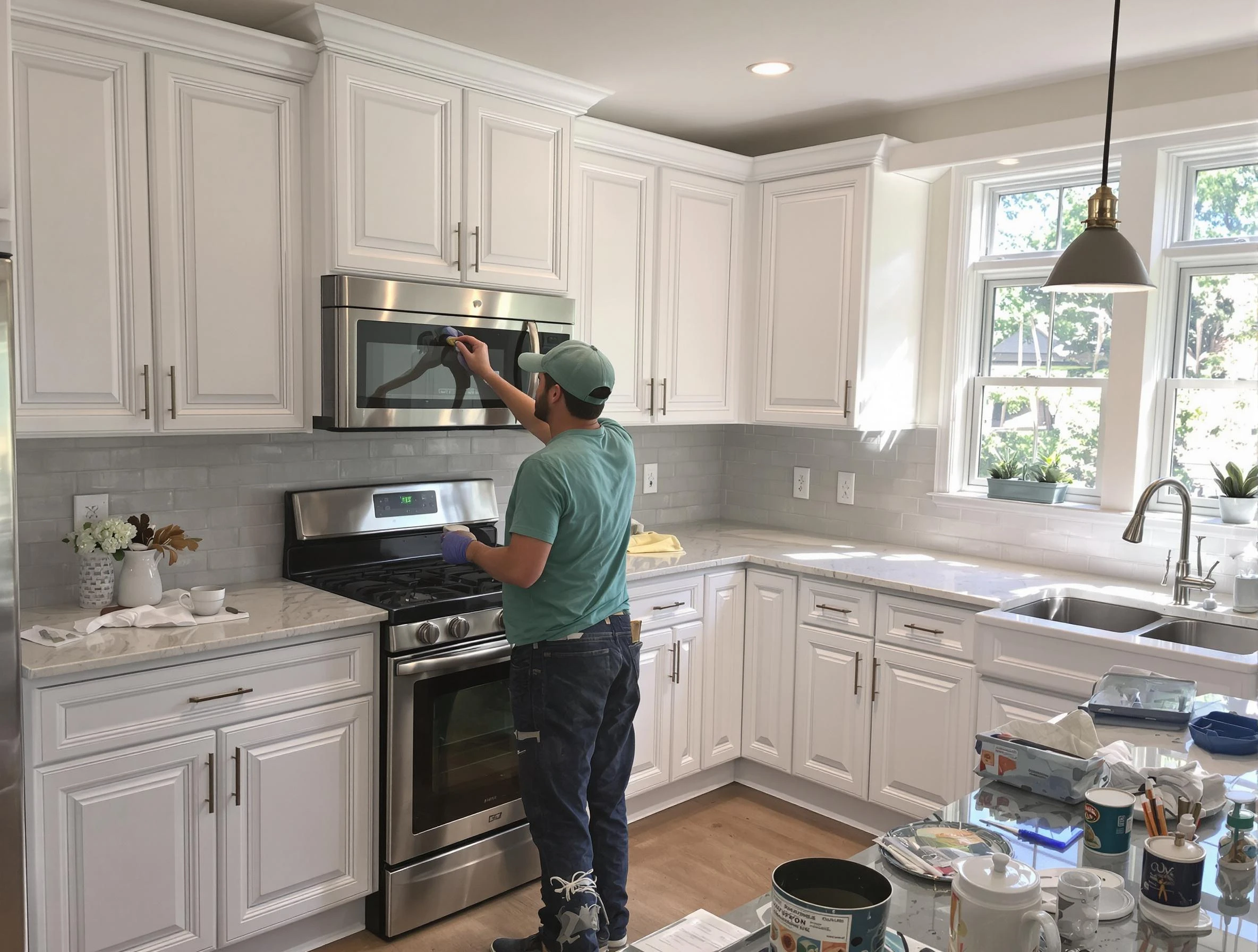 Kitchen cabinets being refinished by Cleveland Heights House Painters in Cleveland Heights, OH
